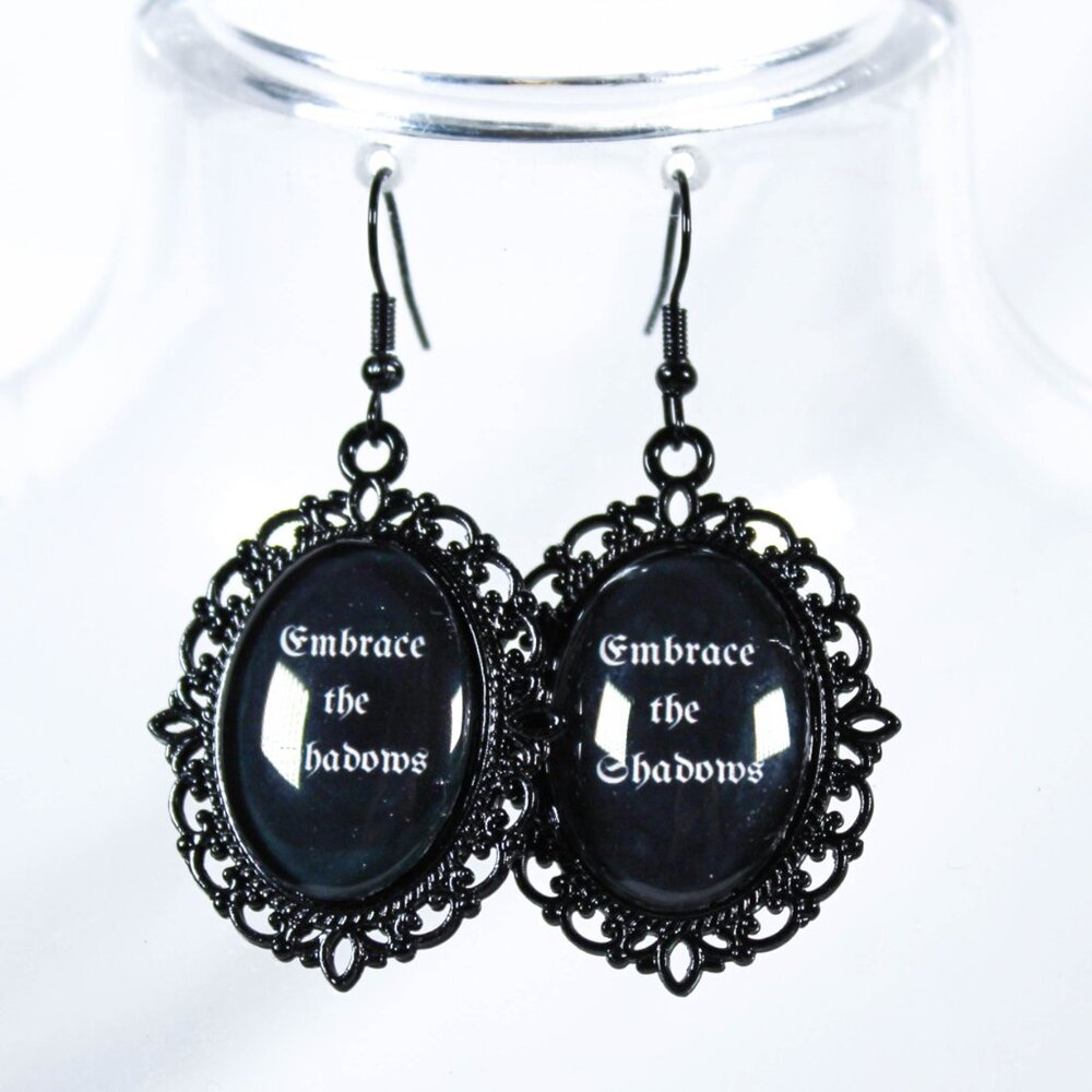 🔨 Gothic Quote Earrings – “Embrace the Shadows” Black Cameo Jewelry